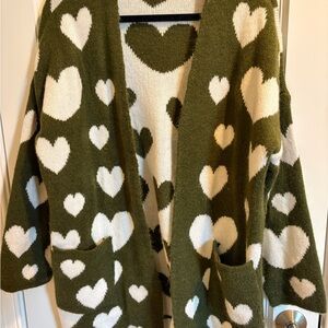 Maeve Olive and Cream Heart Pattern Cardigan